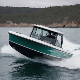 A resilient and adventurous off-shore powerboat featuring the bold design elements and the off-road surfaces of a Jeep vehicle