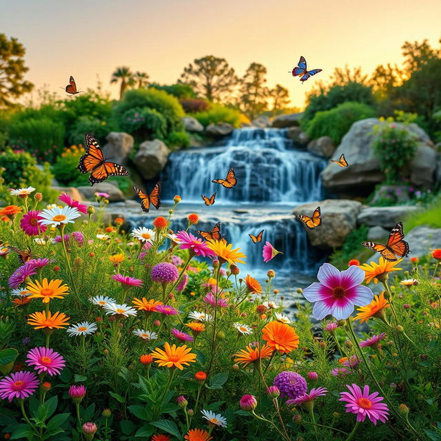 A vibrant and dynamic photo showcasing an idyllic outdoor garden scene with a mix of blooming flowers, a variety of colorful butterflies fluttering around, and a cascading waterfall in the background