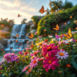 A vibrant and dynamic photo showcasing an idyllic outdoor garden scene with a mix of blooming flowers, a variety of colorful butterflies fluttering around, and a cascading waterfall in the background