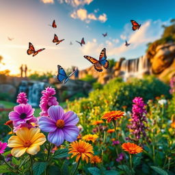 A vibrant and dynamic photo showcasing an idyllic outdoor garden scene with a mix of blooming flowers, a variety of colorful butterflies fluttering around, and a cascading waterfall in the background