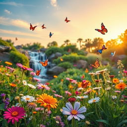 A vibrant and dynamic photo showcasing an idyllic outdoor garden scene with a mix of blooming flowers, a variety of colorful butterflies fluttering around, and a cascading waterfall in the background