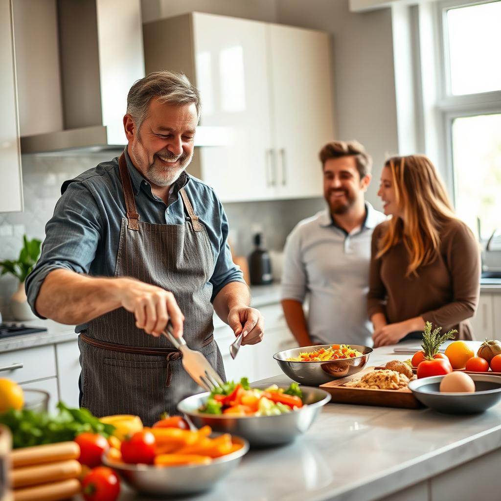 A father cooking in a modern kitchen, showcasing his culinary skills while his adult children watch with admiration and amusement