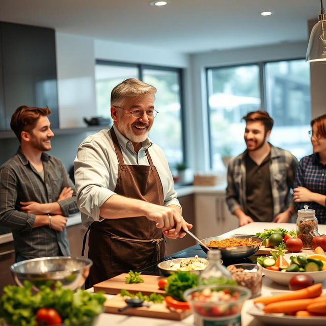 A father cooking in a modern kitchen, showcasing his culinary skills while his adult children watch with admiration and amusement