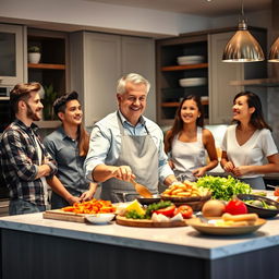 A father cooking in a modern kitchen, showcasing his culinary skills while his adult children watch with admiration and amusement