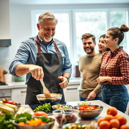 A father cooking in a modern kitchen, showcasing his culinary skills while his adult children watch with admiration and amusement