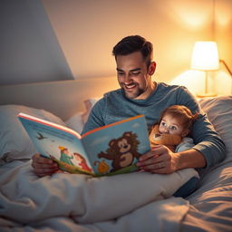 A caring father reading a storybook to his young daughter before bedtime in a cozy bedroom