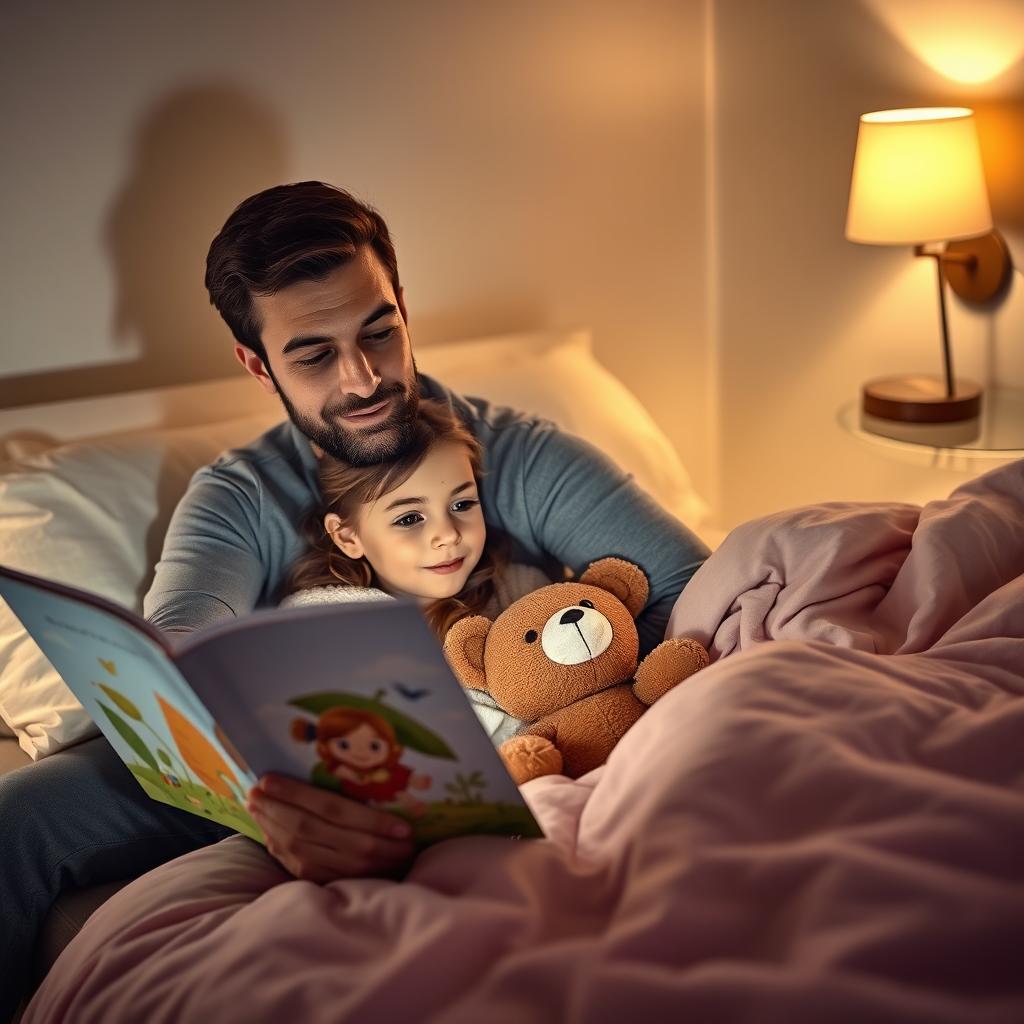 A caring father reading a storybook to his young daughter before bedtime in a cozy bedroom