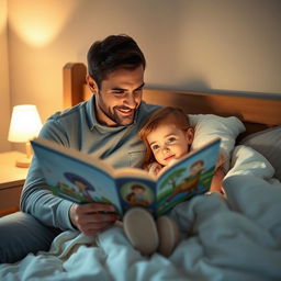 A caring father reading a storybook to his young daughter before bedtime in a cozy bedroom