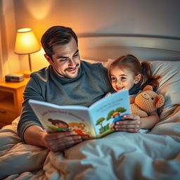 A caring father reading a storybook to his young daughter before bedtime in a cozy bedroom