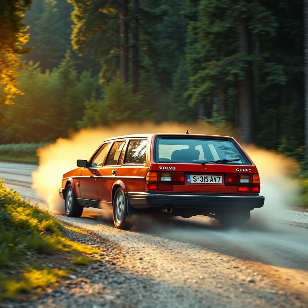 1989 Volvo 740 sedan racing on a forest road during a late summer afternoon in Sweden