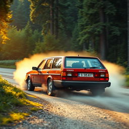 1989 Volvo 740 sedan racing on a forest road during a late summer afternoon in Sweden