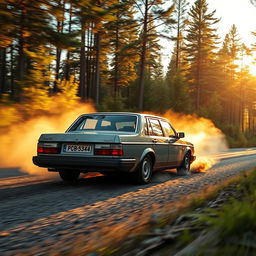 1989 Volvo 740 sedan racing on a forest road during a late summer afternoon in Sweden