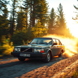 1989 Volvo 740 sedan racing on a forest road during a late summer afternoon in Sweden