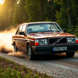 1989 Volvo 740 sedan racing on a forest road during a late summer afternoon in Sweden