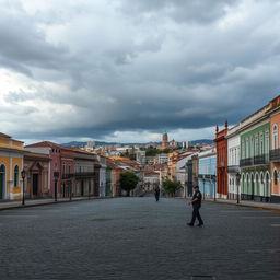 an empty cityscape of Salvador, Bahia, Brazil, showcasing the historic architecture and cobblestone streets with an eerie, almost abandoned atmosphere, sparse police presence patrolling to maintain peace, the skyline featuring colorful colonial buildings under a dramatic cloudy sky