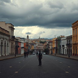 an empty cityscape of Salvador, Bahia, Brazil, showcasing the historic architecture and cobblestone streets with an eerie, almost abandoned atmosphere, sparse police presence patrolling to maintain peace, the skyline featuring colorful colonial buildings under a dramatic cloudy sky