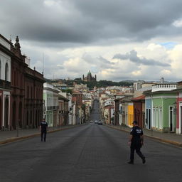 an empty cityscape of Salvador, Bahia, Brazil, showcasing the historic architecture and cobblestone streets with an eerie, almost abandoned atmosphere, sparse police presence patrolling to maintain peace, the skyline featuring colorful colonial buildings under a dramatic cloudy sky