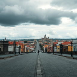 an empty cityscape of Salvador, Bahia, Brazil, showcasing the historic architecture and cobblestone streets with an eerie, almost abandoned atmosphere, sparse police presence patrolling to maintain peace, the skyline featuring colorful colonial buildings under a dramatic cloudy sky