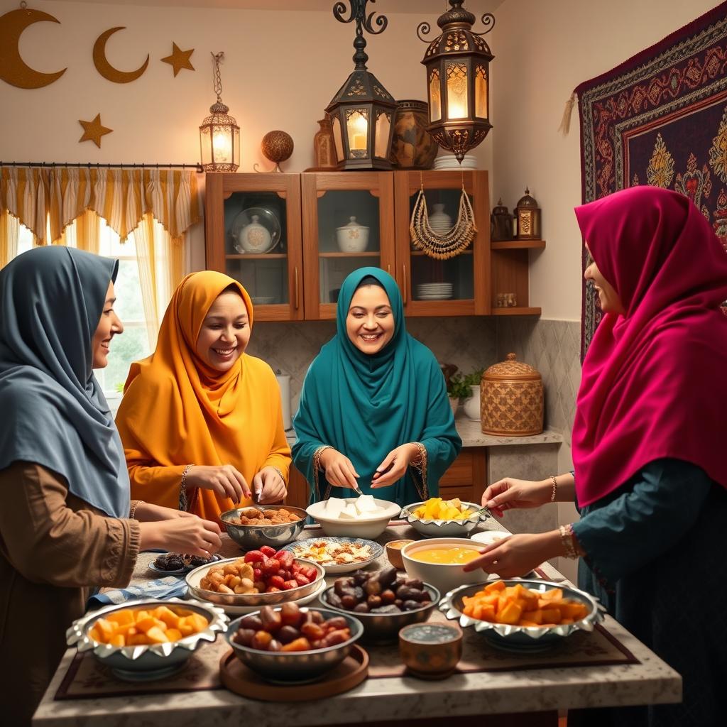 Three women wearing vibrant headscarves are joyfully preparing a Ramadan breakfast in a warmly lit kitchen