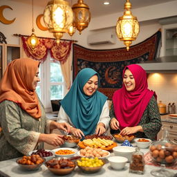 Three women wearing vibrant headscarves are joyfully preparing a Ramadan breakfast in a warmly lit kitchen