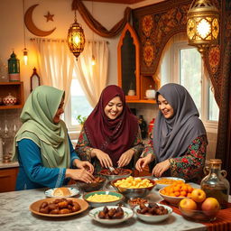 Three women wearing vibrant headscarves are joyfully preparing a Ramadan breakfast in a warmly lit kitchen