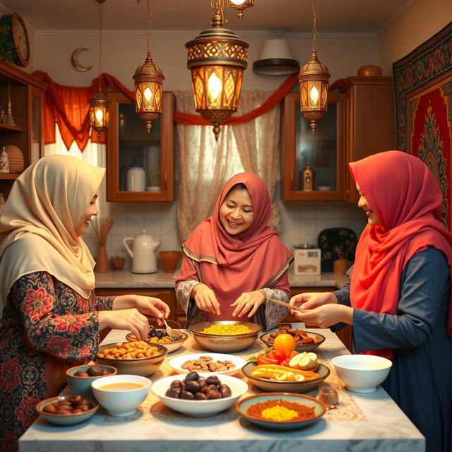 Three women wearing vibrant headscarves are joyfully preparing a Ramadan breakfast in a warmly lit kitchen