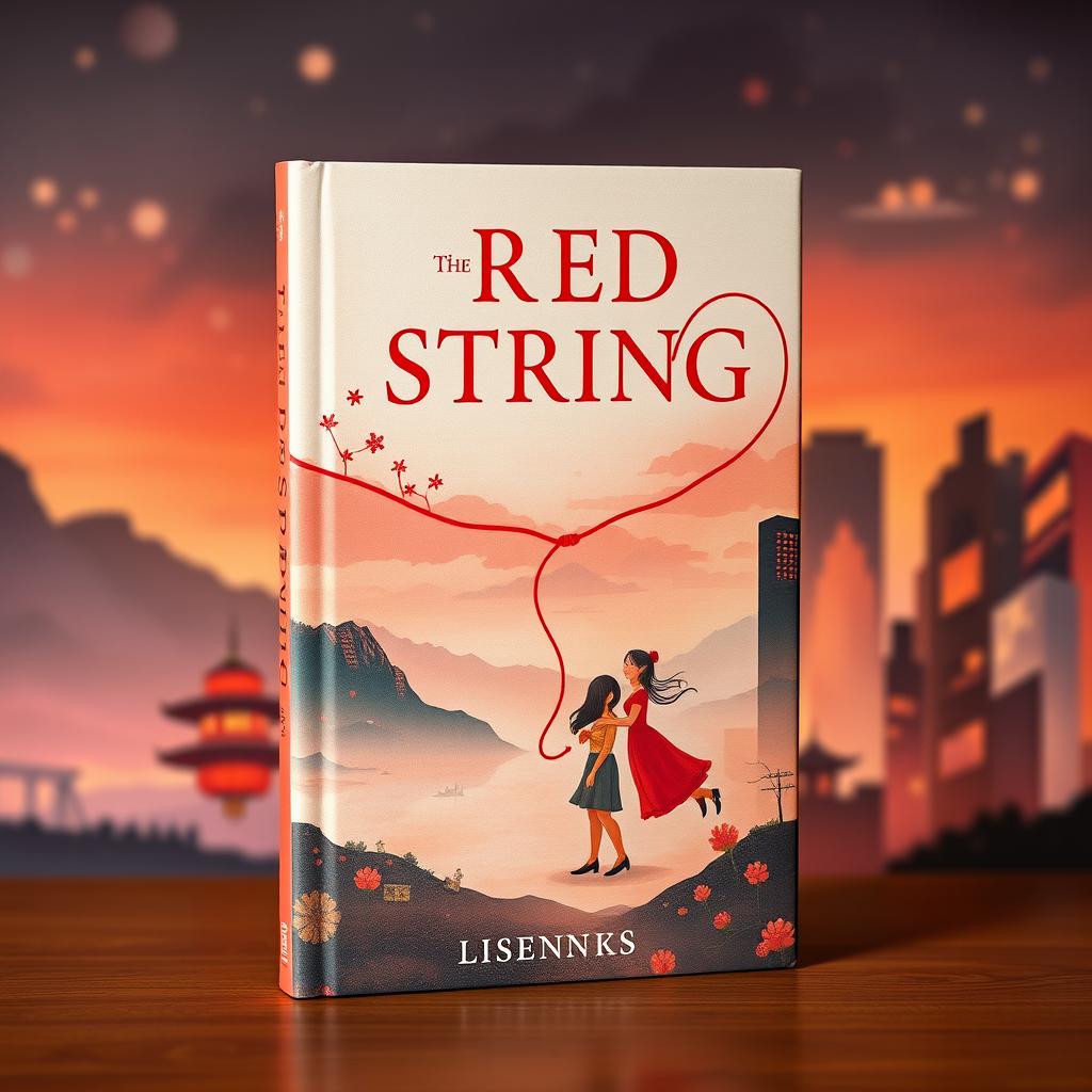 A captivating book cover for 'The Red String', featuring the ethereal concept of the Asian belief in the red thread of fate that connects soulmates