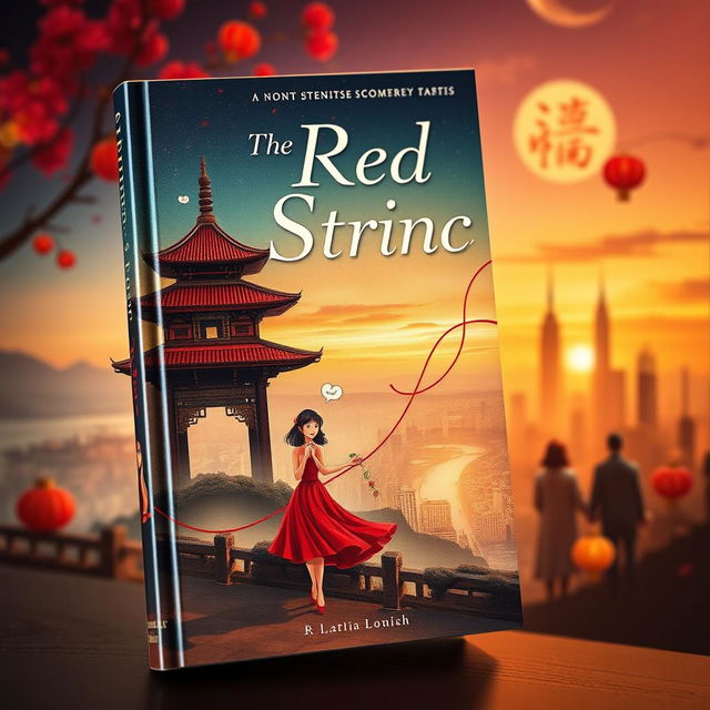 A captivating book cover for 'The Red String', featuring the ethereal concept of the Asian belief in the red thread of fate that connects soulmates