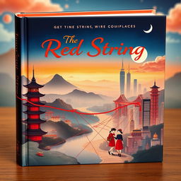 A captivating book cover for 'The Red String', featuring the ethereal concept of the Asian belief in the red thread of fate that connects soulmates