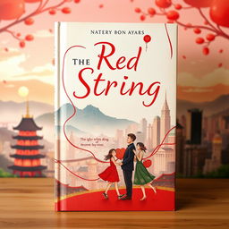 A captivating book cover for 'The Red String', featuring the ethereal concept of the Asian belief in the red thread of fate that connects soulmates