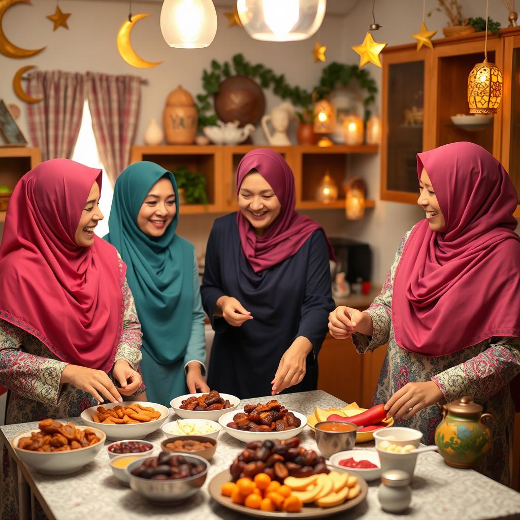 Three women wearing colorful headscarves are joyfully preparing a Ramadan breakfast in a warm and inviting kitchen