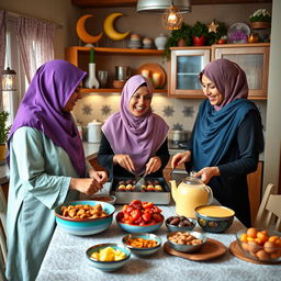 Three women wearing colorful headscarves are joyfully preparing a Ramadan breakfast in a warm and inviting kitchen