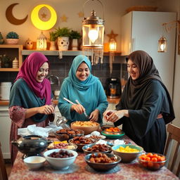 Three women wearing colorful headscarves are joyfully preparing a Ramadan breakfast in a warm and inviting kitchen