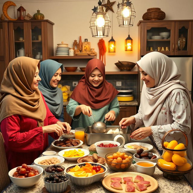 Three women wearing colorful headscarves are joyfully preparing a Ramadan breakfast in a warm and inviting kitchen