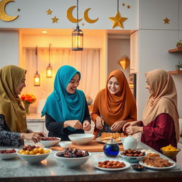 Three women wearing colorful headscarves are joyfully preparing a Ramadan breakfast in a warmly lit kitchen