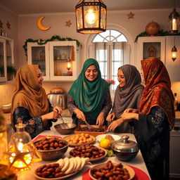 Three women wearing colorful headscarves are joyfully preparing a Ramadan breakfast in a warmly lit kitchen