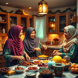 Three women wearing colorful headscarves are joyfully preparing a Ramadan breakfast in a warmly lit kitchen