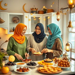 Three women wearing colorful headscarves are joyfully preparing a Ramadan breakfast in a warmly lit kitchen