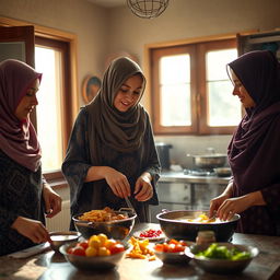 A thin, tall woman wearing a hijab is preparing traditional Ramadan food in a warm and inviting kitchen