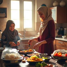 A thin, tall woman wearing a hijab is preparing traditional Ramadan food in a warm and inviting kitchen