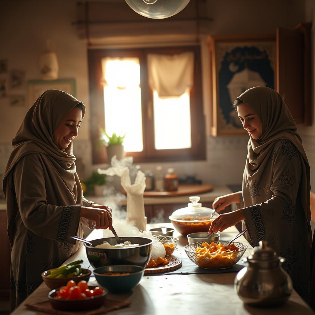 A thin, tall woman wearing a hijab is preparing traditional Ramadan food in a warm and inviting kitchen