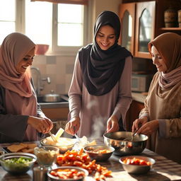 A thin, tall woman wearing a hijab is preparing traditional Ramadan food in a warm and inviting kitchen