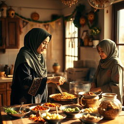 A thin, tall woman wearing a hijab is preparing traditional Ramadan food in a warm and inviting kitchen