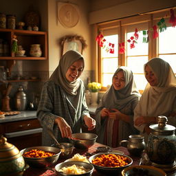 A thin, tall woman wearing a hijab is preparing traditional Ramadan food in a warm and inviting kitchen