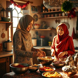 A thin, tall woman wearing a hijab is preparing traditional Ramadan food in a warm and inviting kitchen