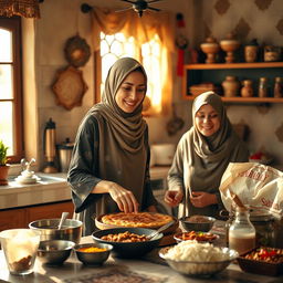 A thin, tall woman wearing a hijab is preparing traditional Ramadan food in a warm and inviting kitchen