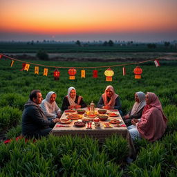 An Egyptian family gathers in an agricultural field in the Egyptian countryside around a table for their Ramadan meal