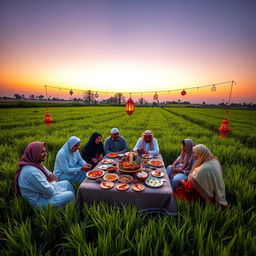 An Egyptian family gathers in an agricultural field in the Egyptian countryside around a table for their Ramadan meal