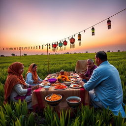 An Egyptian family gathers in an agricultural field in the Egyptian countryside around a table for their Ramadan meal