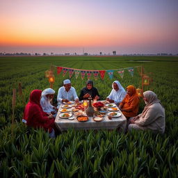 An Egyptian family gathers in an agricultural field in the Egyptian countryside around a table for their Ramadan meal